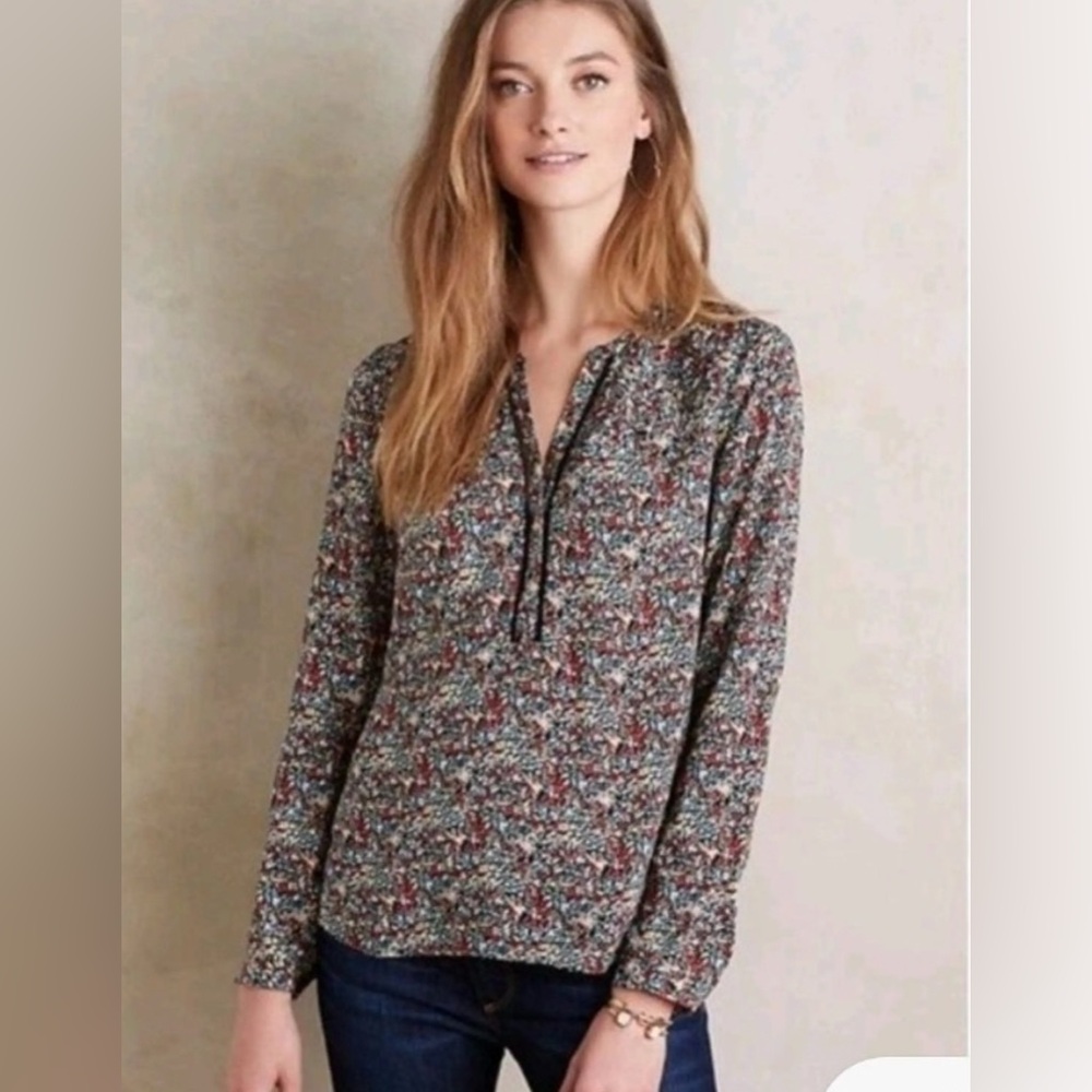 Anthropologie Meadow Rue Floral Print Blouse - Red and Blue